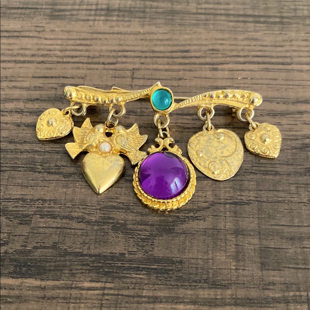 Vintage 80s Waterfall Hearts and Gems Pin Brooch